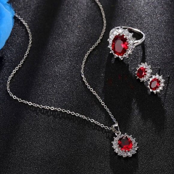🔴Ruby Red Gemstone  Sterling Silver Plated Crystal Rhinestones Jewelry Set - Picture 2 of 8